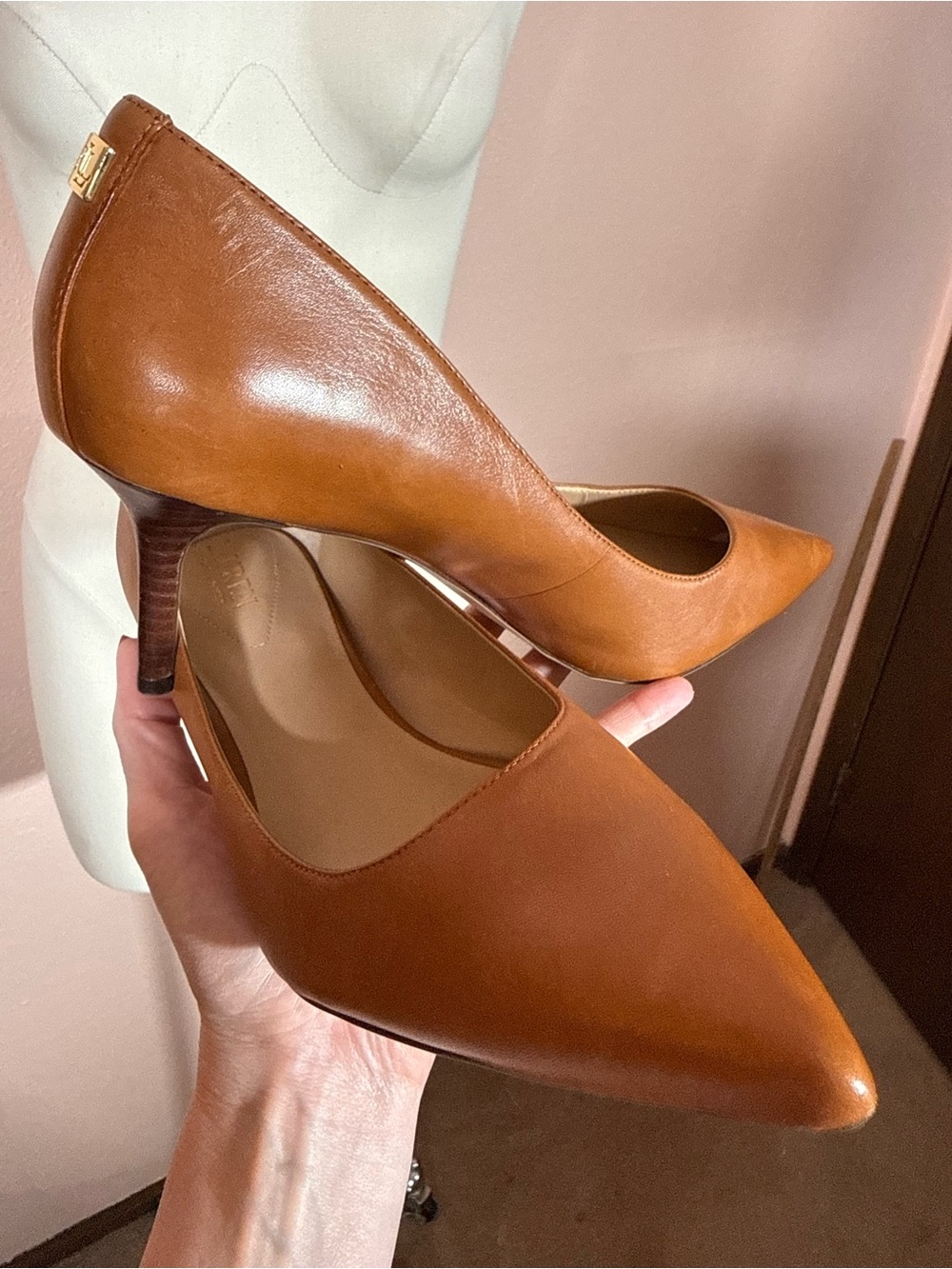 NWOT Lauren Ralph Lauren cognac camel brown leather pointed toe high heel 9.5